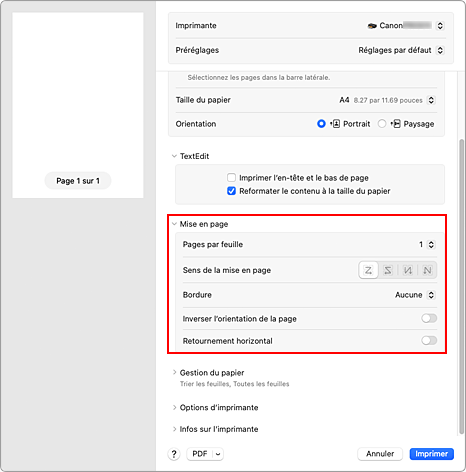 figure&nbsp;:&nbsp;Mise en page dans la boîte de dialogue Imprimer