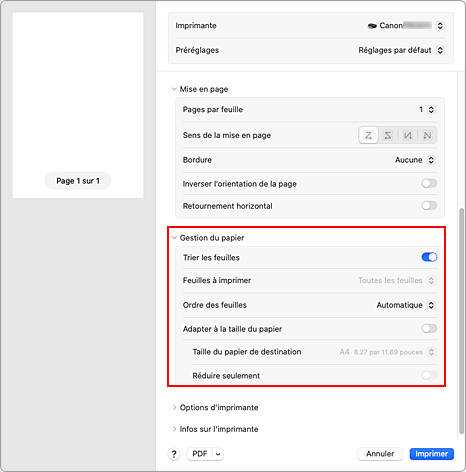figure : Gestion du papier dans la boîte de dialogue Imprimer