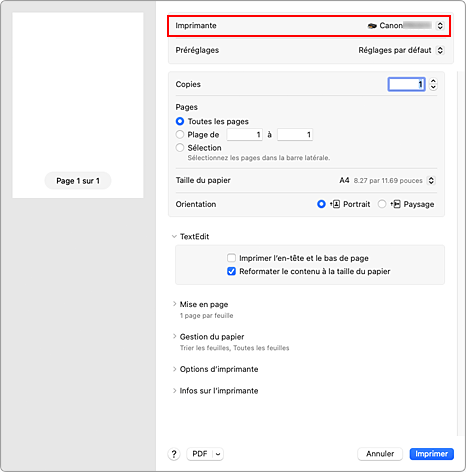 figure&nbsp;:&nbsp;Imprimante dans la boîte de dialogue Imprimer