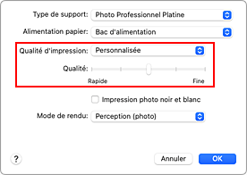 figure&nbsp;:&nbsp;Sélectionnez Personnalisée pour Qualité et support dans la boîte de dialogue Imprimer.