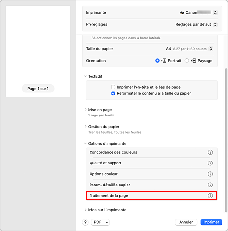 figure : Traitement de la page dans la boîte de dialogue Imprimer