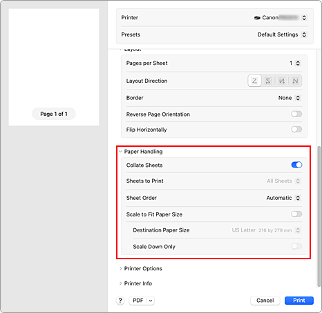 rysunek: Sekcja Obsługa papieru w oknie dialogowym Drukuj