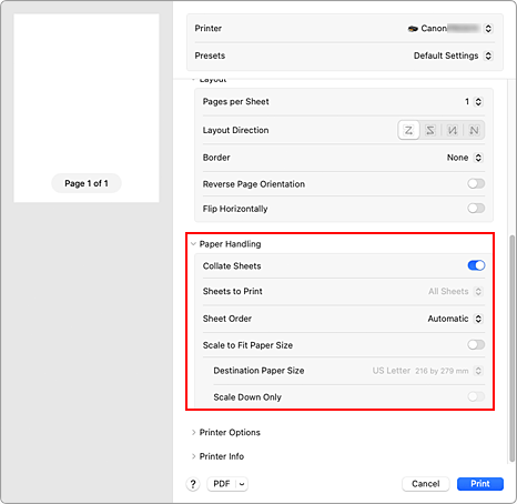 рисунок::"Работа с бумагой" (Paper Handling) в диалоговом окне печати