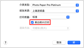 插图：打印对话框中&ldquo;质量与介质类型&rdquo;的&ldquo;黑白照片打印&rdquo;