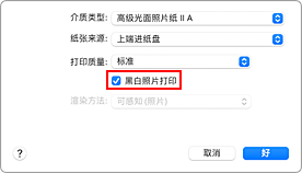 插图：打印对话框中&ldquo;质量与介质类型&rdquo;的&ldquo;黑白照片打印&rdquo;