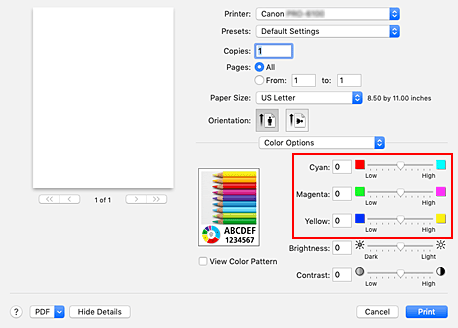 Imagen: Balance del color de Opciones de color del cuadro de diálogo Imprimir