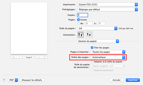 figure&nbsp;:&nbsp;Sélectionnez Automatique dans Ordre des pages pour Gestion du papier dans la boîte de dialogue Imprimer.