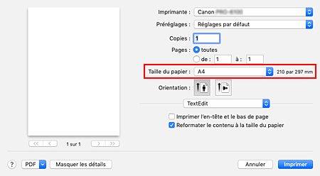 figure&nbsp;:&nbsp;Taille du papier dans la boîte de dialogue Imprimer