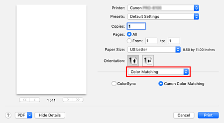 figura: Compatibilidade de Cor na caixa de diálogo Imprimir