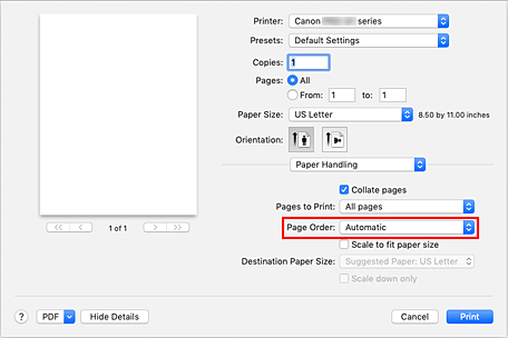 الشكل: تحديد تلقائي (Automatic) من ترتيب الصفحات (Page order) ضمن معالجة الورق
(Paper Handling) في مربع الحوار طباعة (Print)