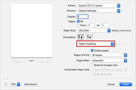 الشكل: معالجة الورق (Paper Handling) في مربع الحوار طباعة (Print)