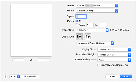 الشكل: الإعدادات المفصّلة للورق (Advanced Paper Settings) في مربع الحوار طباعة (Print)