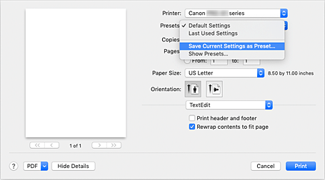 الشكل: تحديد حفظ الإعدادات الحالية كإعدادات مسبقة... ((Save Current Settings as Preset...&lrm;)) من الإعدادات المسبقة (Presets) في مربع الحوار طباعة (Print)