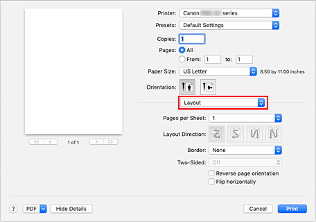 Abbildung: "Layout" im Dialog "Drucken"