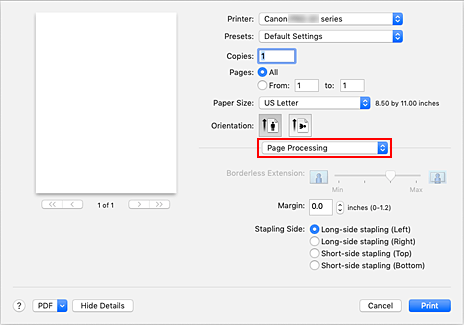kuva:Sivun käsittely Tulostus-valintaikkunassa