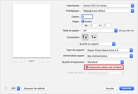 figure : option Impression photo noir et blanc sous Qualité et support dans la boîte de dialogue Imprimer