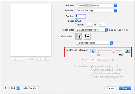 figur: Kant til kant-utvidelse for kant til kant-utskrift i utskriftsdialogboksen