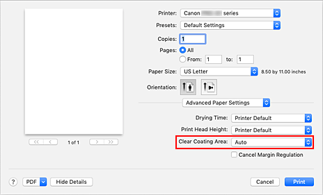 figur: Område med gjennomsiktig blekk under Gjennomsiktig blekk i dialogboksen Skriv ut