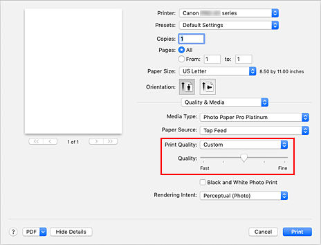 rysunek: Wybierz wartość Niestandardowa z listy Jakość wydruku w sekcji Jakość i nośnik w oknie dialogowym Drukuj