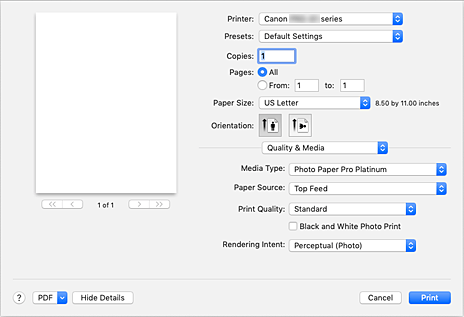 rysunek: Sekcja Jakość i nośnik w oknie dialogowym Drukuj