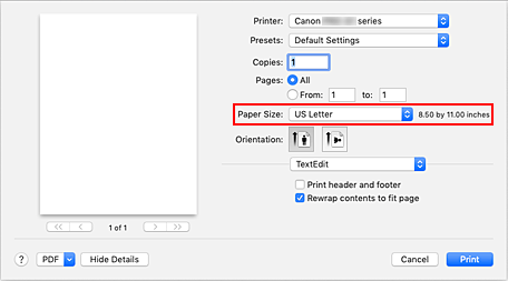 figur: Pappersstorlek i dialogrutan Skriv ut