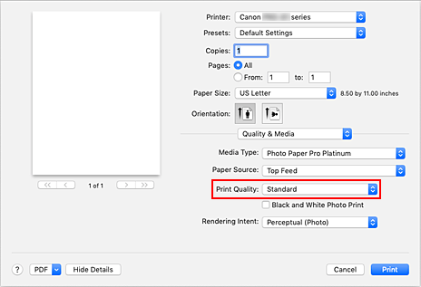 figur: Utskriftskvalitet för Kvalitet och media i dialogrutan Skriv ut