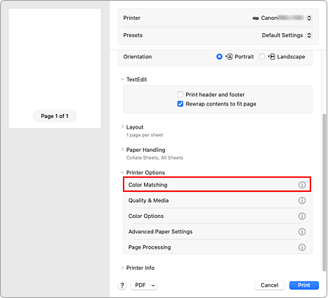 figure:Color Matching in the Print dialog