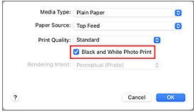 figure:Black and White Photo Print of Quality & Media in the Print dialog