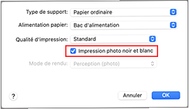 figure&nbsp;: option Impression photo noir et blanc sous Qualité et support dans la boîte de dialogue Imprimer
