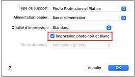 figure&nbsp;: option Impression photo noir et blanc sous Qualité et support dans la boîte de dialogue Imprimer