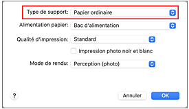 figure&nbsp;:&nbsp;Type de support dans Qualité et support de la boîte de dialogue Imprimer
