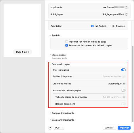 figure : Gestion du papier dans la boîte de dialogue Imprimer