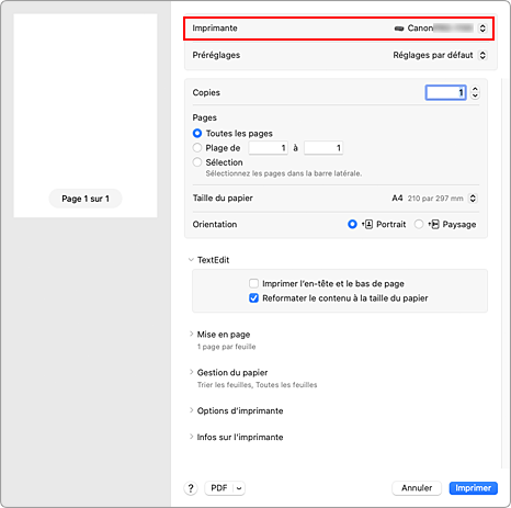 figure&nbsp;:&nbsp;Imprimante dans la boîte de dialogue Imprimer