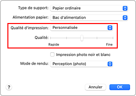 figure&nbsp;:&nbsp;Sélectionnez Personnalisée pour Qualité et support dans la boîte de dialogue Imprimer.