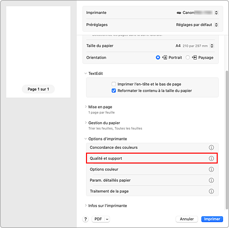 figure&nbsp;:&nbsp;Qualité et support dans la boîte de dialogue Imprimer