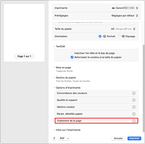 figure : Traitement de la page dans la boîte de dialogue Imprimer