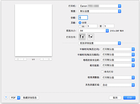 插图：打印对话框中的“纸张详细设置”