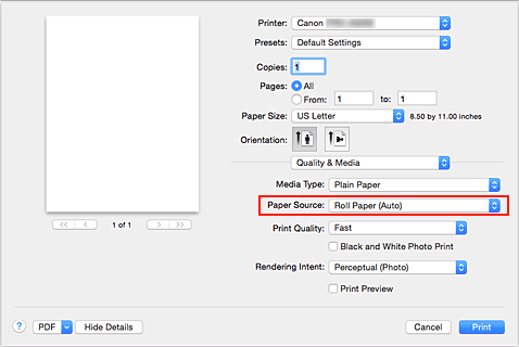 figure:Paper Source of Quality & Media in the Print dialog