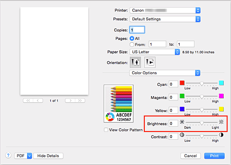 Imagen: Brillo de Opciones de color del cuadro de diálogo Imprimir