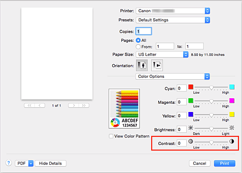 Imagen: Contraste de Opciones de color del cuadro de diálogo Imprimir