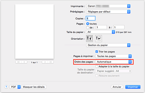 figure : Sélectionnez Automatique dans Ordre des pages pour Gestion du papier dans la boîte de dialogue Imprimer.