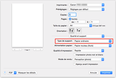 figure : Type de support dans Qualité et support de la boîte de dialogue Imprimer