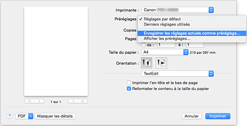 figure : Sélectionnez Enregistrer les paramètres actuels comme préréglages... dans les Préréglages de la boîte de dialogue Imprimer