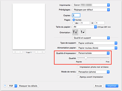 figure : Sélectionnez Personnalisée pour Qualité et support dans la boîte de dialogue Imprimer.