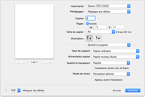 figure : Qualité et support dans la boîte de dialogue Imprimer