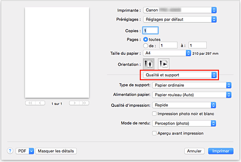 figure : Qualité et support dans la boîte de dialogue Imprimer