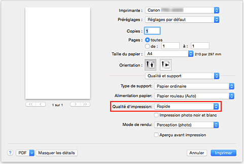 figure : Qualité d'impression dans Qualité et support de la boîte de dialogue Imprimer