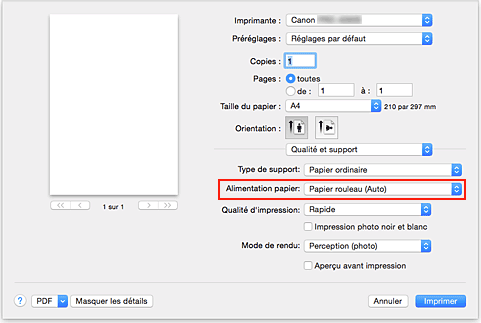 figure : Alimentation papier dans Qualité et support de la boîte de dialogue Imprimer