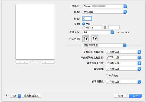插图：打印对话框中的&ldquo;纸张详细设置&rdquo;