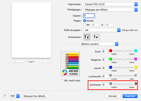 figure&nbsp;: Contraste des options de couleur dans la boîte de dialogue Imprimer